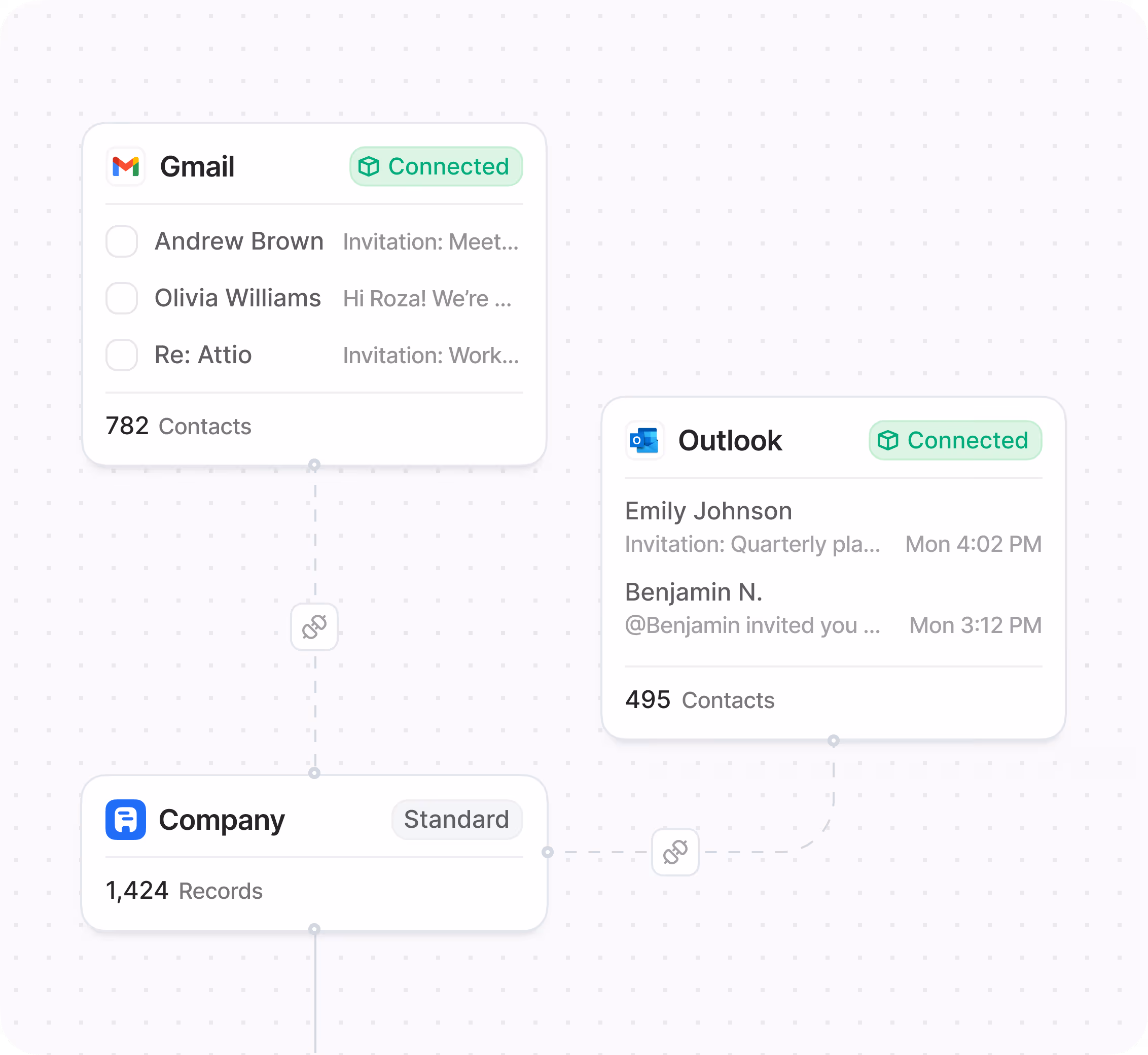 A clean email inbox UI with team conversations and CRM data visible in the same view.