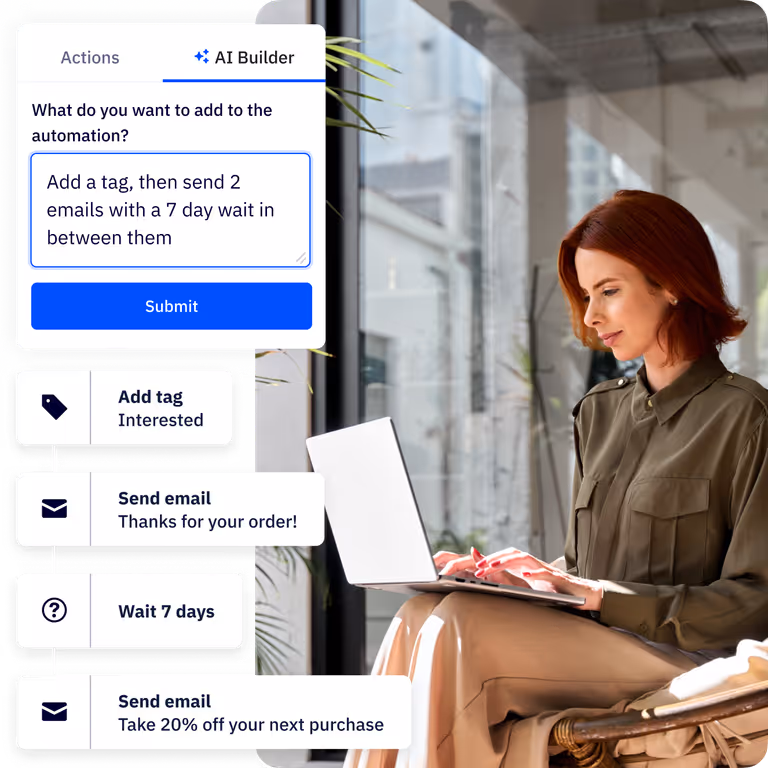 Automation builder with steps to add a tag, wait seven days, and send two emails beside a person using a laptop