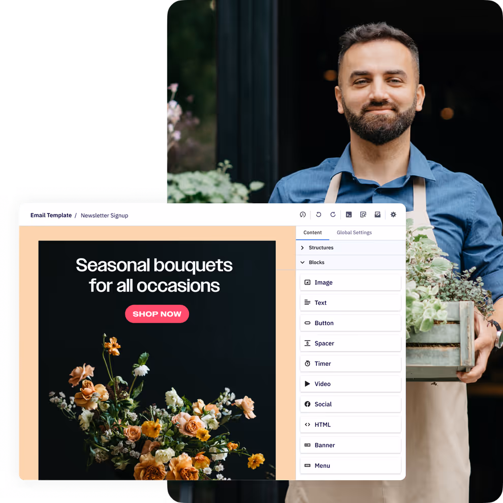 Florist beside a visual email template editor with image, text, button, video, social, and other content blocks